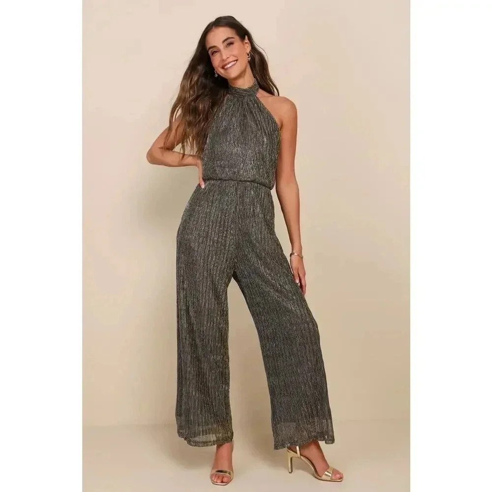 Lulu’s Elegant Dazzle Halter Neck Wide‎ Leg Jumpsuit In Metallic Gold Size XS